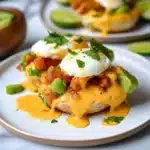 two appetizers are sitting on a plate with sauce and green garnish