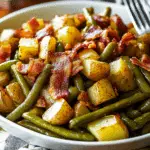 green beans and potatoes with bacon in a bowl on the side is text overlay that reads country ranch green beans and potatoes with bacon