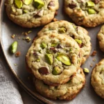 cookies with pistachio cream and chocolate chips are stacked on top of each other