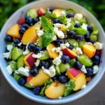 blueberry peach and feta salad with cucumbers in a bowl on the side