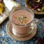 pink chai is served in a cup with cinnamons on top and the words authentic kashmiki pink chai above it