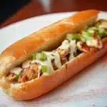 two buffalo chicken cheesesteak sandwiches on a cutting board