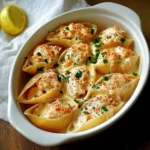 creamy seafood stuffed shells recipe in a white casserole dish with text overlay