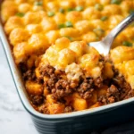 tasty sloppy joe casserole recipe is shown in two different pans, one with