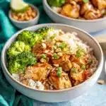 chicken and rice bowls with garlic sauce on the side are shown in this collage