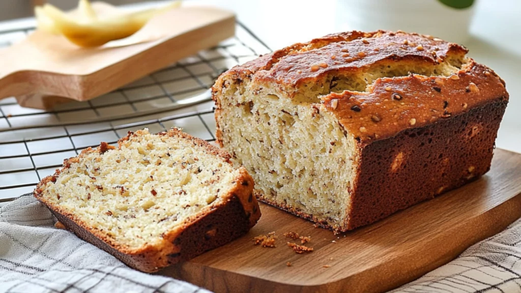 sliced banana bread on a cutting board with text overlay that reads the best banana bread