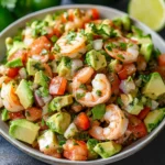 shrimp salad with avocado and tomatoes in a bowl