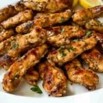 grilled chicken tenders on a white plate with lemon wedges