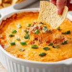 a hand holding a tortilla chip over a bowl of chili and cheese dip