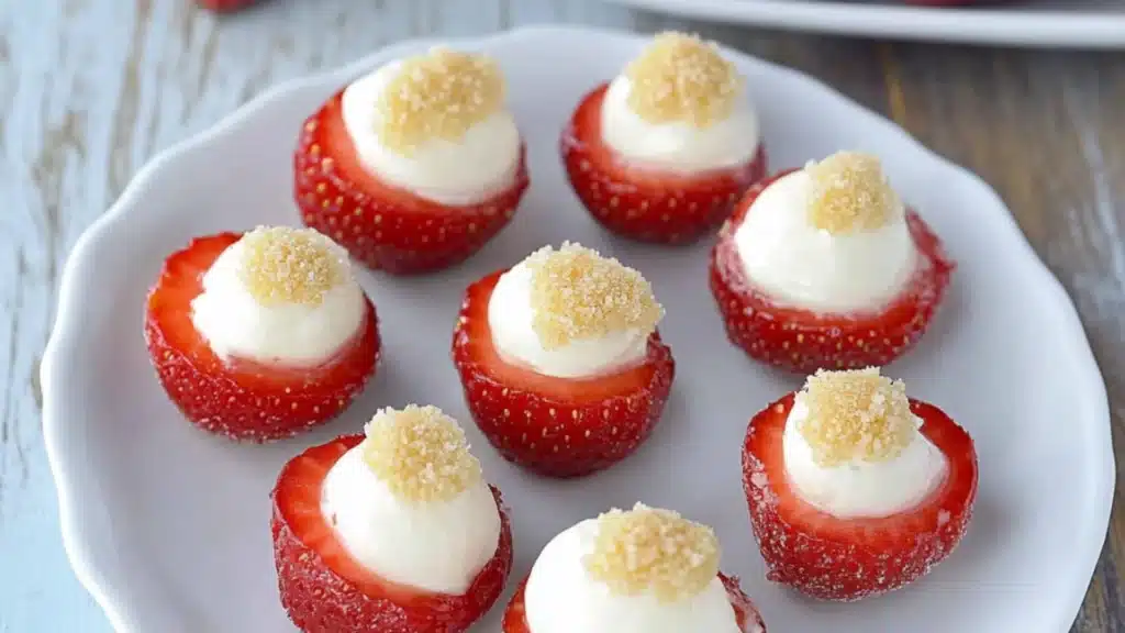 A plate of strawberry cheesecake cups topped with white chocolate drizzle and garnished with fresh strawberries, perfect for springtime indulgence. These quick and easy cups bring together a creamy cheesecake filling, fresh fruit, and a graham cracke...