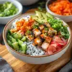two bowls filled with different types of food and the words california roll sushi bowls
