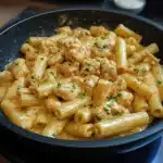garlic butter chicken with rigatoni and parmesan pasta in a black bowl