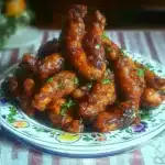 the cover of dragon chicken on a white plate with chopsticks and green onions