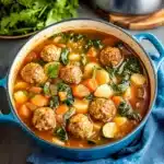 a bowl of meatball vegetable soup with the title overlay
