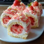 strawberry shortcake cheesecake rolls on a white plate