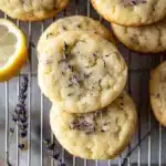 lemon lavender cookies on a cutting board with the title text overlay reads, lemon lavender cookies