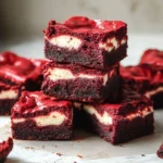 red velvet brownies are stacked on top of each other with the words, red velvet brownies