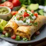 chicken enchiladas with guacamole and salsa on top