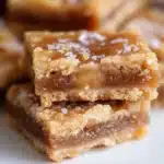 three different views of caramel butter bars on a wooden table with text overlay