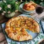 an overhead view of a pie on a marble table with other food items and sauces