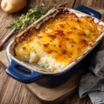 a white casserole dish with cheese and potatoes in it, next to a wooden spoon