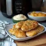 air fryer parmesan crusted chicken on a plate with sauce and herbs
