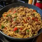 two pictures of beef noodles in a skillet with the words hoisin beef noodles recipe