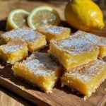 lemon bars are stacked on top of each other with powdered sugar in the middle