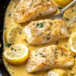 two pictures of chicken and potatoes in creamy cream sauce