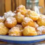 the funnel cake bites are covered in powdered sugar and sprinkled with icing