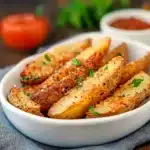 baked garlic parmesan potato wedges on a white plate