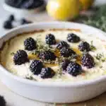 baked lemon ricotta dip with blackberrys and honey