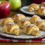 apple slices and cinnamon croissants are on a baking sheet before and after they have been baked