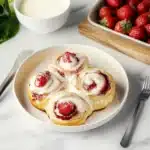 strawberry cheesecake cinnamon rolls with icing and strawberries