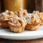 french toast muffins on a white plate with powdered sugar and the words quick & delicious