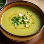broccoli and pea soup in a pan with the words how to make cream of pea soup
