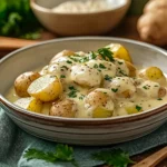 garlic sauce baby potatoes in a white bowl