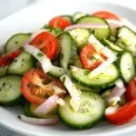 a white plate topped with cucumber salad and text that reads mom's classic tomato and cucumber salad