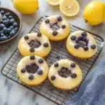 lemon blueberry baked donuts on a cooling rack and being drizzled with icing