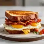the grilled cheese sandwich is stacked on top of each other with bacon and melted cheese