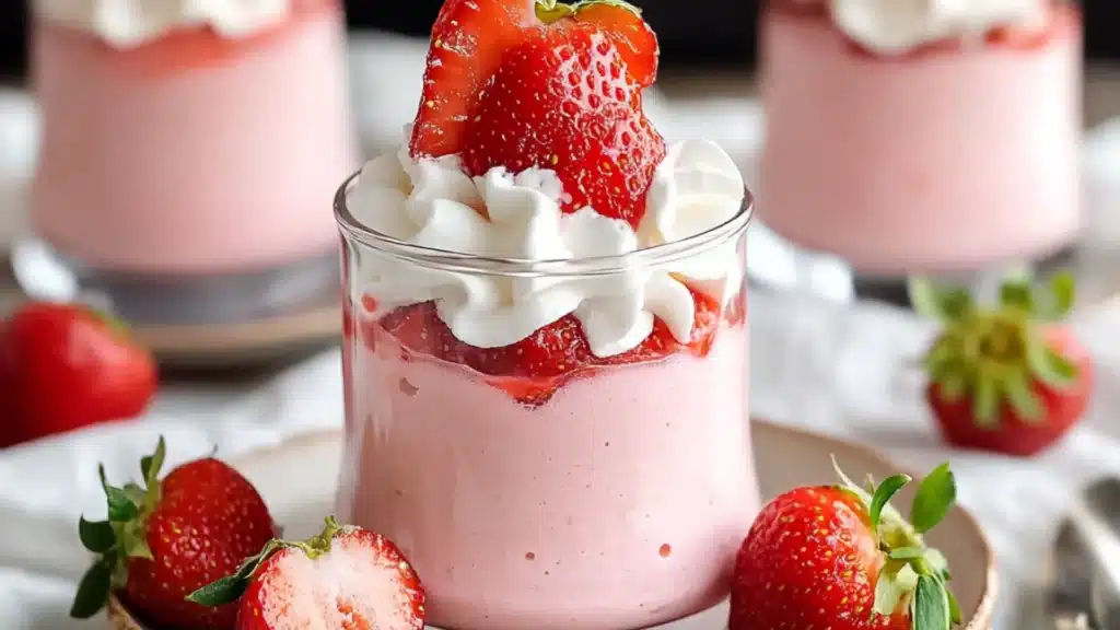 strawberry mousse with whipped cream and fresh strawberries