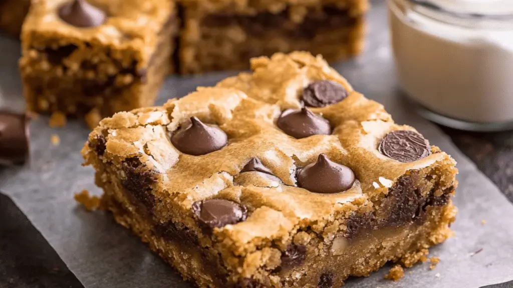 chocolate chip cookie bars stacked on top of each other with the words, better than anything bars