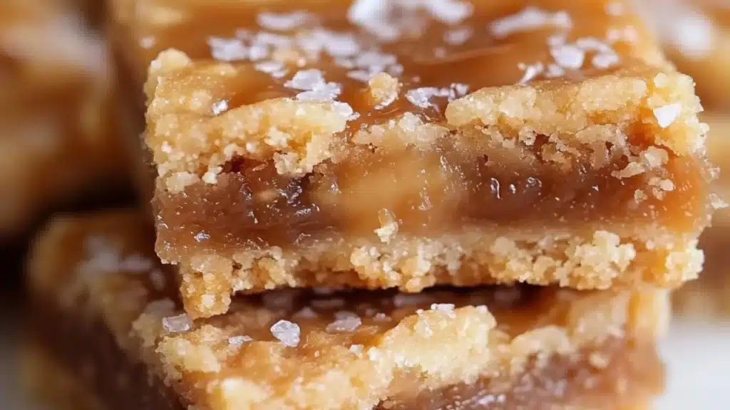 three different views of caramel butter bars on a wooden table with text overlay