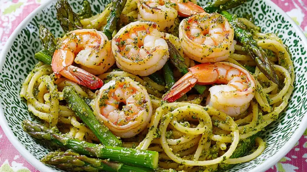 a pasta dish with shrimp, broccoli and tomatoes being stirred with a fork