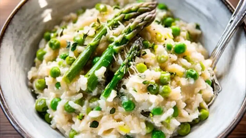 a white bowl filled with pasta and peas on top of a gray table next to a napkin