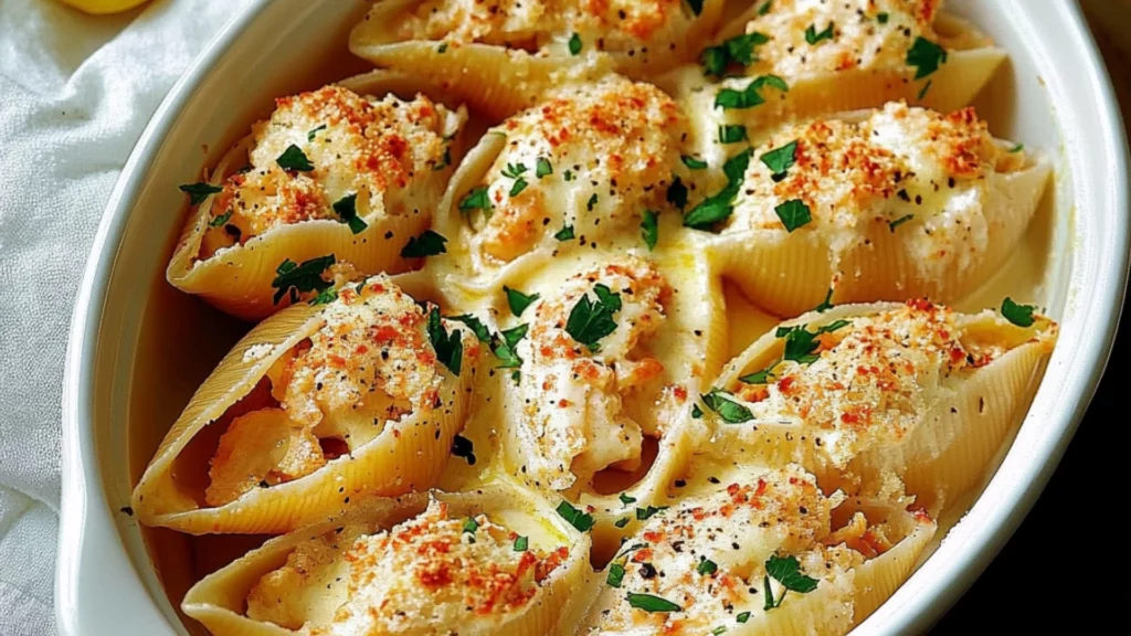 creamy seafood stuffed shells recipe in a white casserole dish with text overlay