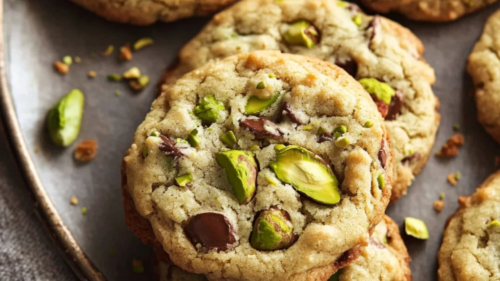 cookies with pistachio cream and chocolate chips are stacked on top of each other