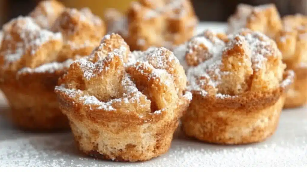 french toast muffins on a white plate with powdered sugar and the words quick & delicious
