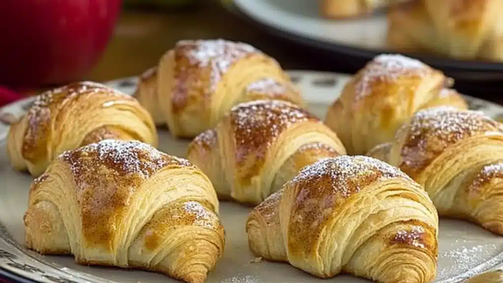 apple slices and cinnamon croissants are on a baking sheet before and after they have been baked