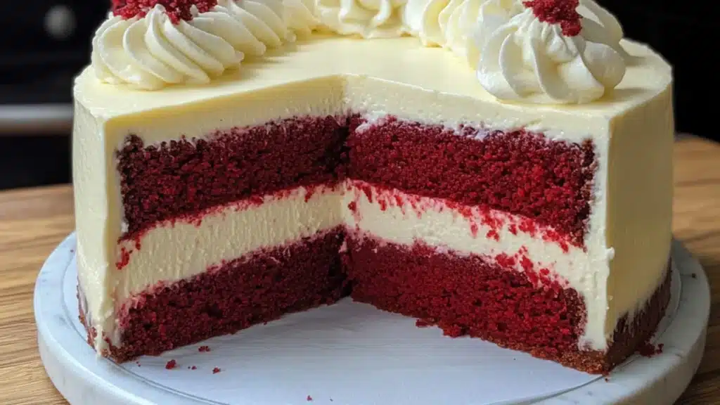 red velvet cheesecake recipe with decadent creamy on the top and bottom layer